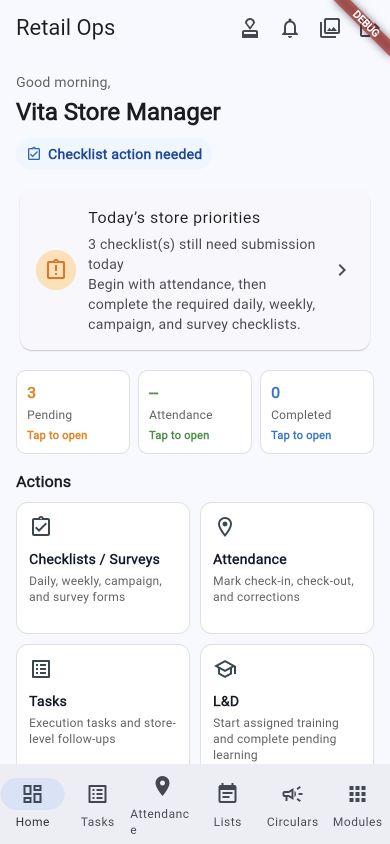 Real store manager mobile home screen