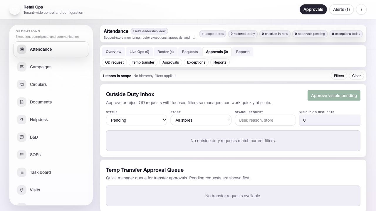 Real web dashboard showing attendance approval and transfer queues
